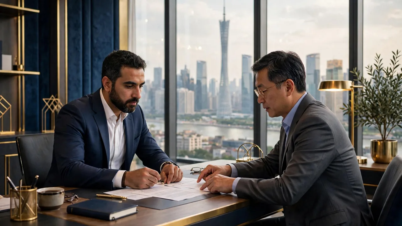 Business consultant reviewing a contract with a foreign client in a Guangzhou office