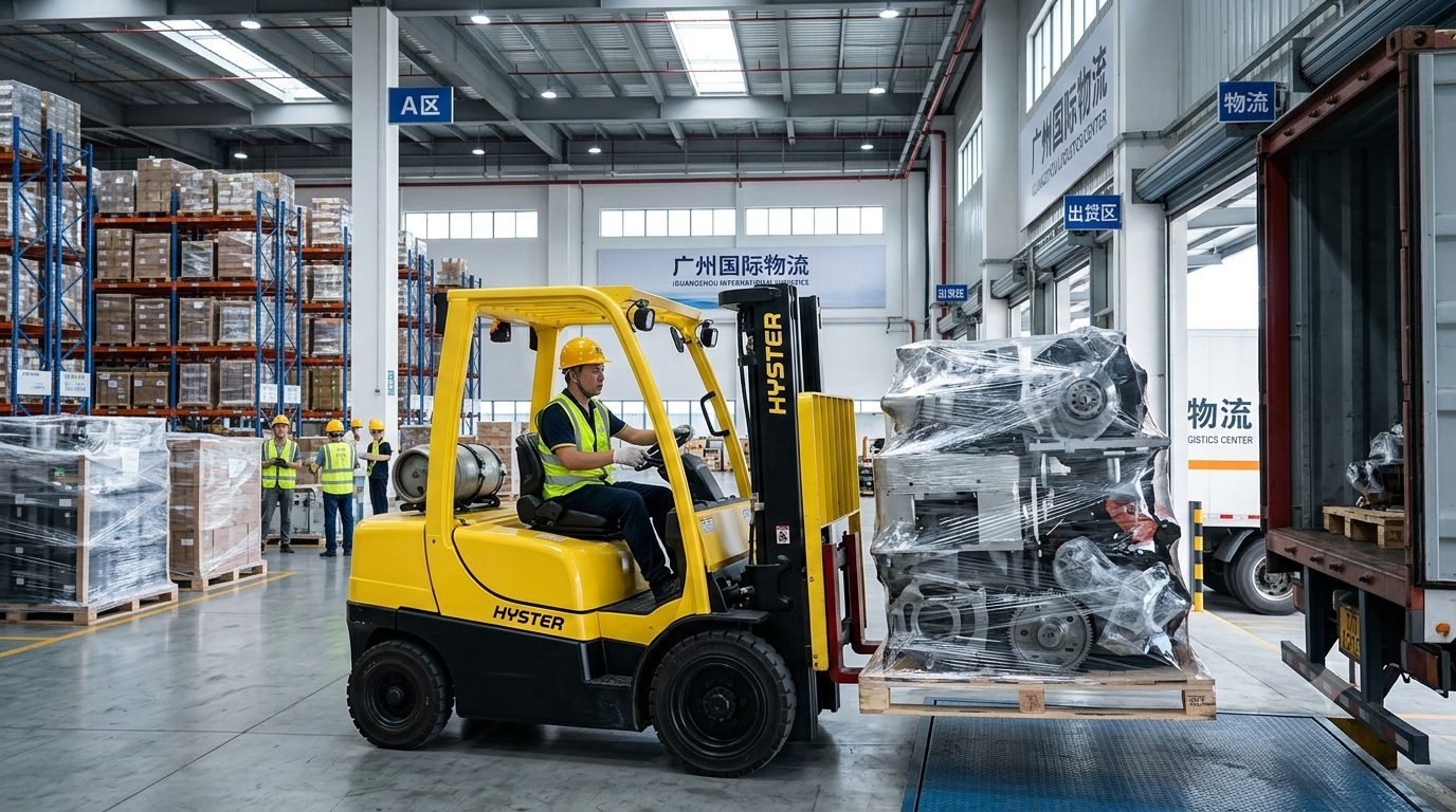 Forklift loading shrink-wrapped heavy machinery into a container at the Hub 4912 export warehouse in Foshan