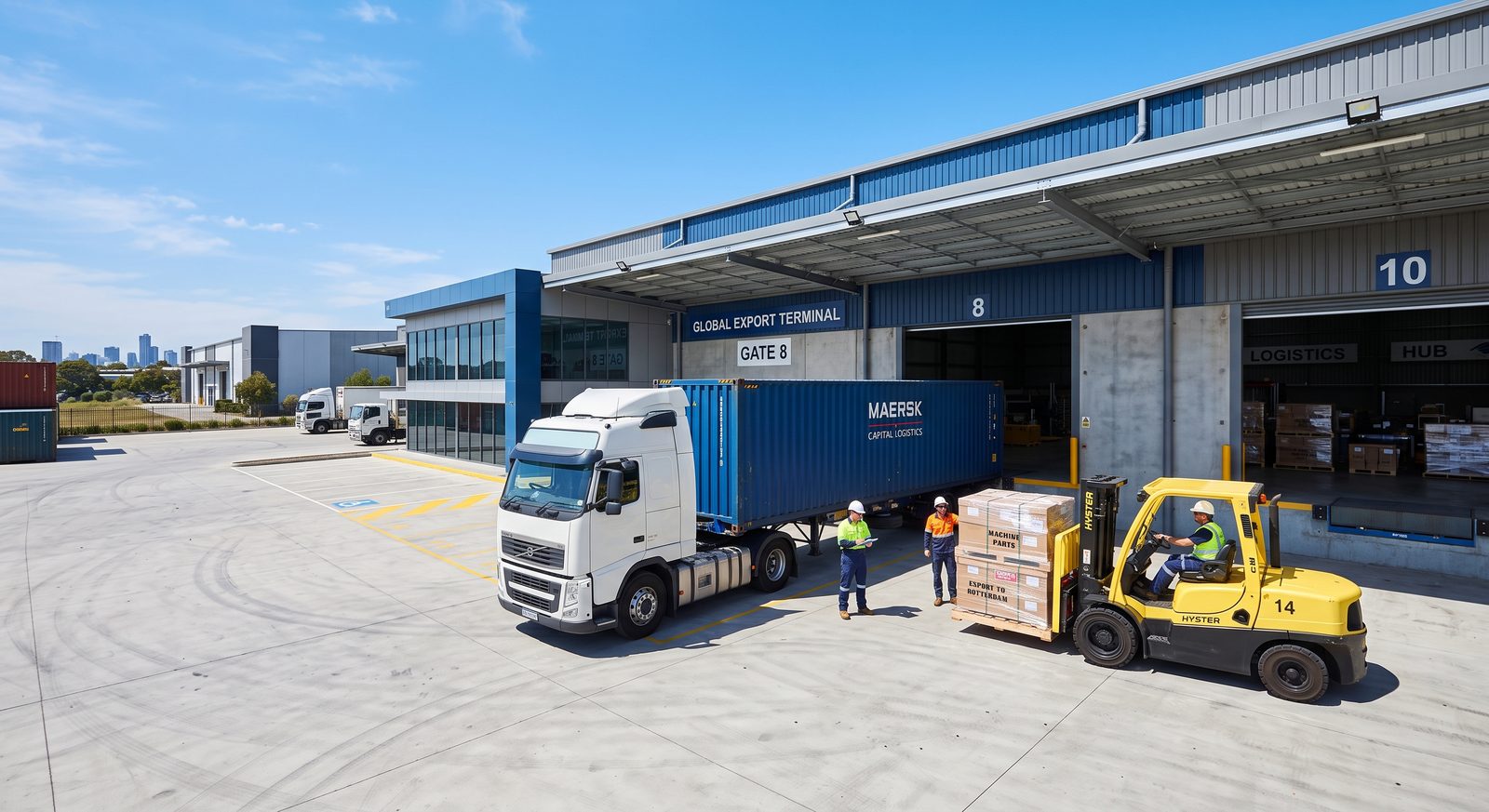 Open yard with a 40ft high-cube container truck docking while a forklift loads palletized cargo