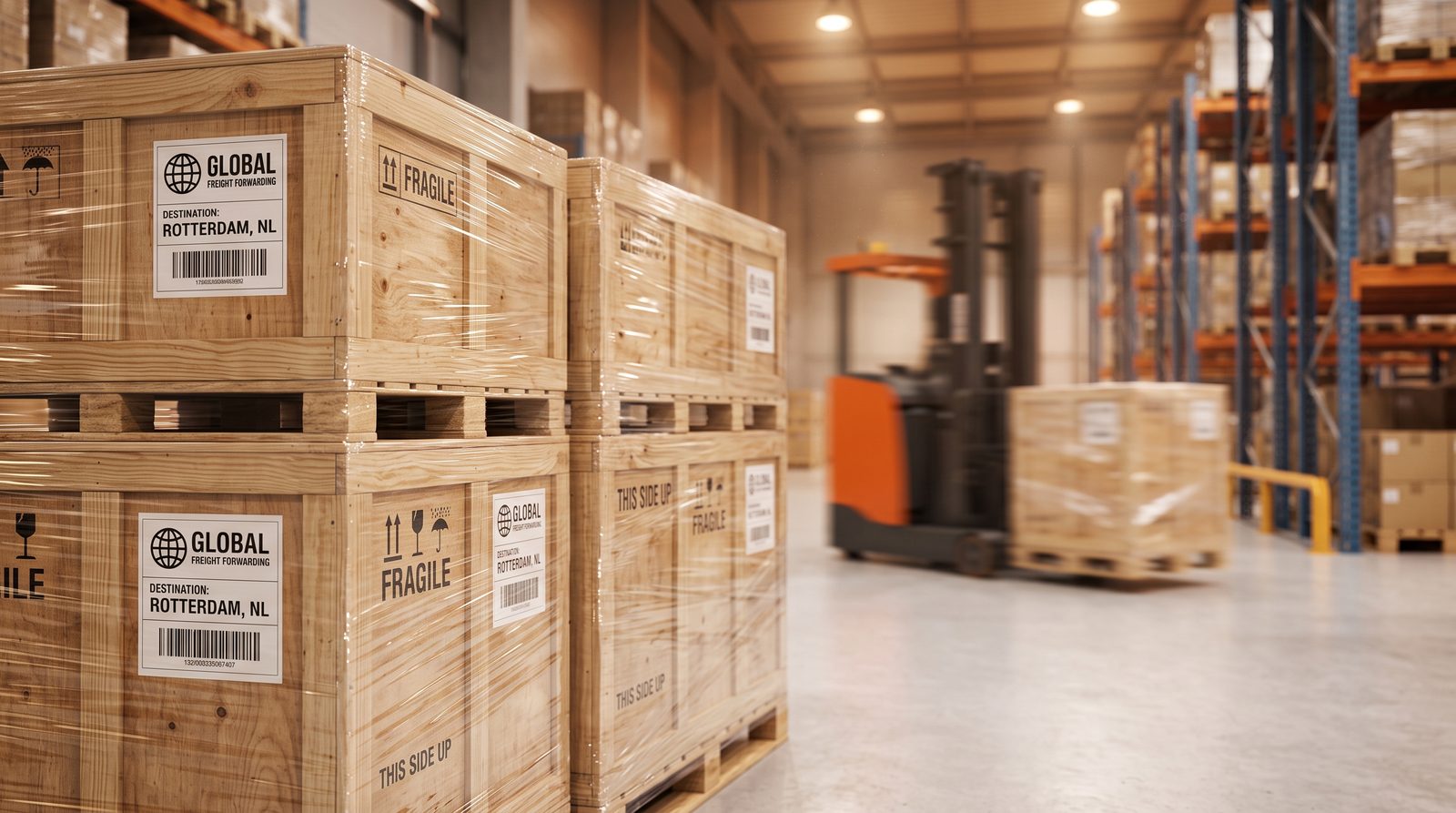 Export-grade wooden pallets wrapped in industrial stretch film with steel strapping and shipping marks
